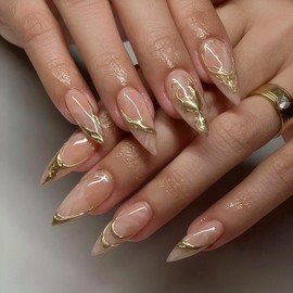 Rchovsam Pink Press on Nails Medium Almond Nails Press Ons 3D Gold Designs False Nails Full Cover Glossy Artificial Acrylic Fake Nails Gift for Women 24pcs