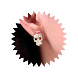 TseenYi Punk Crystal Skull Earrings Colourful Rhinestone Skull Rose Earrings Gold CZ Skeleton Bone Earrings Goth Skull Stud Earrings Hip Hop Personality Earrings Jewellery for Women and Girls, Crystal