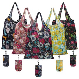 IKR Reusable Shopping Bags,5 Packs Foldable Grocery Bags Large Washable Shopping Bag with Attached Pouch Waterproof Polyester Shopping Tote Bags for Daily Shopping Travel Picnic