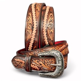 DANIEL'S ARTPLANET Western Belt for Men Full Grain Leather Cowboy Belt 1.5” Wide With Buckle Handmade Engraved Tooled (Style #2, 34 (fits size 30 jeans))
