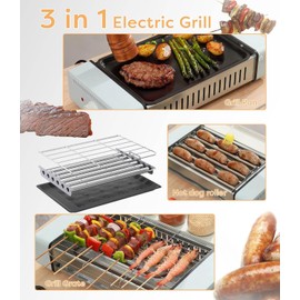 3 in 1 Electric Indoor BBQ Grill with Hot Dog Roller,Compact Hotdog Roller Grill Machine with Removable 6 Stainless Steel Rollers,Nonstick Grate & Pan,Fits 9 Sausage for Family BBQ,Game Night