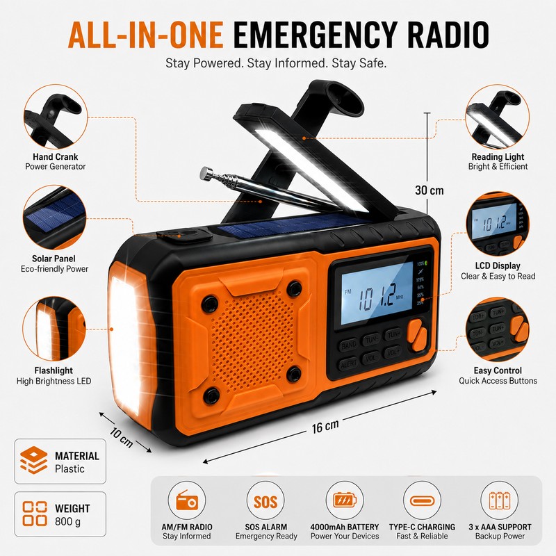 4000mAh Emergency Weather Radio with Hand Crank and Solar Charging