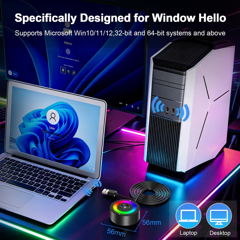 USB Fingerprint Reader for Windows 10/11/12 ONLY, RGB Light Up