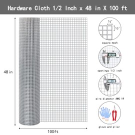 Thinkahead Hardware Cloth 1/2 Inch 48 X 100 ft 19 Gauge, Chicken Coop Wire Fencing, Hot Dipped Galvanized Wire Mesh, Hardware Cloth for Chicken Coop, Rabbit Cages, Garden, Small Rodents Screen Fence