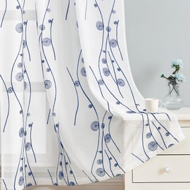 HOMEIDEAS Navy and White Sheer Curtains 52 X 63 Inches Length 2 Panels Blue Embroidered Wave Line with Spiral Pattern Faux Linen Semi Sheer Voile Window Drapes for Bedroom Living Room
