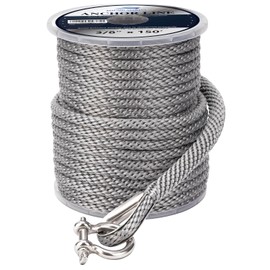 YOUNG MARINE Made 3/8 Inch 100FT 150FT Premium Solid Braid MFP Anchor Line Braided Anchor Rope/Line with Stainless Steel Thimble and Shackle, Grey (3/8" x 150')