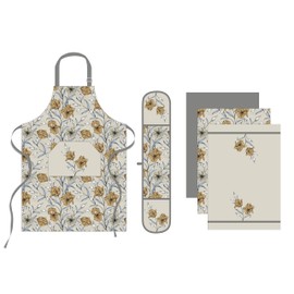 Sterling Sports 5-Piece Kitchen Set Apron, Double Oven Gloves & Tea Towels Set - Quick Dry kitchen Accessories For Baking & Cooking - Perfect Mothers Day Gifts For Baking Lovers (Floral Grey)