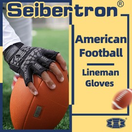 Seibertron Lineman 2.0 Padded Palm Football Receiver Half Finger Gloves, Flexible TPR Impact Protection Back of Hand Glove Youth Black M