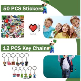 KEVRDRT Miner Video Game Party Bags, 94 Pieces Pixel Party Bags Children, Miner Children's Birthday Party Favours with Sticker, Key Ring, Bracelet, Gift Bags, Gamer Theme Party Accessories