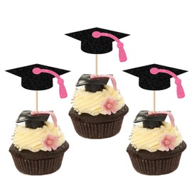 ZHUOWEISM 30 PCS Class of 2025 Graduation Cupcake Toppers Glitter Congrats Grad Graduation Cap Cupcake Picks for 2025 College Graduation Party Decoration Supplies Black Pink