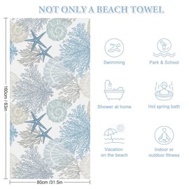 Coastal Starfish Beach Towel Summer Ocean Shells Coral Print Proable Soft Washcloths Quick Dry Luxury Home Party Swim Gym Bathroom Holiday 31x63 Inch,Blue