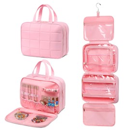 SUIKIHUM Travel Hanging Toiletry Bag for Women, Puffy Makeup Bags with Jewelry Organizer Carry-on Accessories Essentials with Waterproof Compartment, Pink