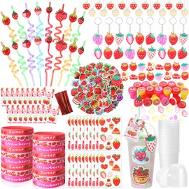 Landical 159 Pcs Strawberry Party Favors Includes Gift Cup Straws Bracelets Stickers Temporary Tattoos Keychain Rings Stampers Pendant Cards for Baby Shower Strawberry Theme 1st Birthday Decorations