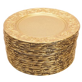 Charger Plates Set, Round Charger Plates, 13'' Reusable Serving Plates Wedding Decorative Chargers Patterned Snack Trays Embossed Dinner Plate for Table Dinner Kitchen Party Decoration (100, Gold)