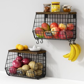 Goozii Hanging Wall Fruit Basket for Kitchen Counter 2 Pack, Stackable Wire Baskets for Organizing with Wood Lid, Potato and Onion Storage Bin with Banana Hook for Vegetable Produce, Black + Rustic
