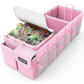 HOTOR Trunk Organizer for Car & SUV, Sturdy Car Organizer with Removable Car Cooler, Large Foldable Trunk Organizer with Cooler for Car, 3 Compartments, Adjustable Straps,Pink，30.90”×12.60“×10.63”