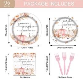 Fitumiw 96Pcs Boho Pumpkin Baby Shower Party Tableware Supplies A Sweet Little Pumpkin is On The Way Plates and Napkins Baby Shower Party Set Thanksgiving Harvest Decorations Serve 24 Guests