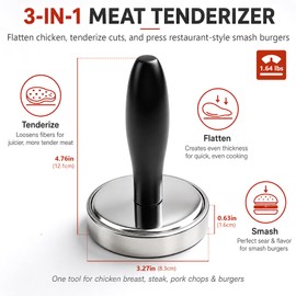 Meat Pounder Tenderizer, Solid Stainless Steel Meat Flattener & Smash Burger Press, Heavy-Duty Round Base Flattens Chicken, Steak, Pork Chops, and Smash Burgers with Less Effort