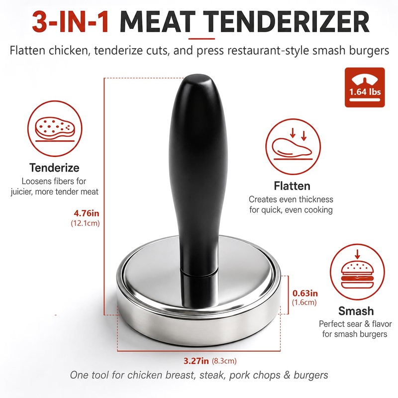 Meat Pounder Tenderizer, Solid Stainless Steel Meat Flattener & Smash