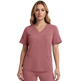 Anwrtuk Medical Scrub Top for Women, V-Neck Stretch Healthcare Work Uniform, Wrinkle Free & Multi-Pocket Nursing Wear, purple red, XXL