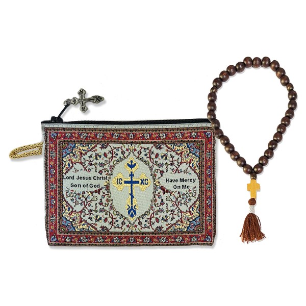 Tapestry Cloth Jesus Prayer Pouch with 33 Bead Wooden Prayer