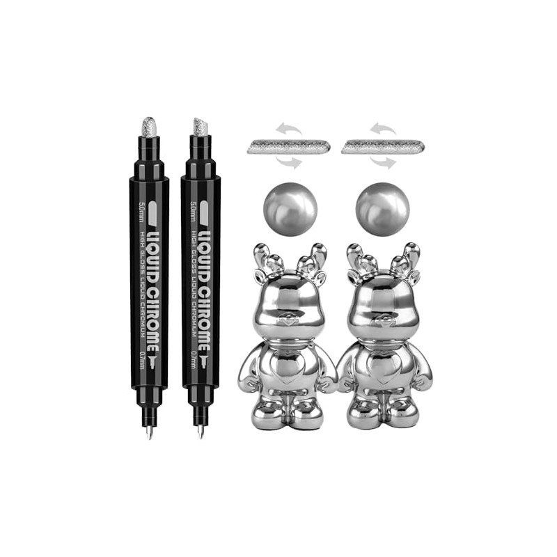 2Pcs Permanent Liquid Chrome Marker, Silver Oil-based Metallic Pens for