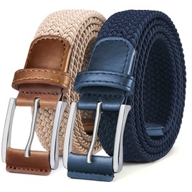 BULLIANT Belt for Men 2Pack,Mens Gift Stretch Braided Web Belt Elastic for Casual Golf Jeans,1 3/8"(Antique Blue/Beige,32"-36" Waist Adjustable)