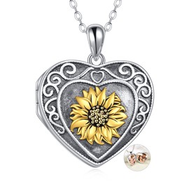 Winnicaca Sunflower Locket Necklace Sterling Silver Women's Lockets with Picture Inside Vintage Heart Photo Locket Pendant Sunflower Jewelry You Are My Sunshine Anniversary Valentines Day Birthday Gifts for Her