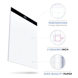Alitte Graph Paper Pad, Pack of 12, White Letter Size - 2x2 Quad Grid Paper, With Blue Lines - Easy-Tear Perforations, 11x8.5 Cardboard Backing - Graph Notepads for School, Office -50 Sheets per Pad