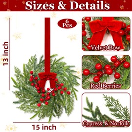 6 Pcs 15" Christmas Mini Cabinet Wreaths for Kitchen,Artificial Norfolk Pine & Cypress Wreath with Red Berry Bow for Christmas Decorations Window Door Fireplace Table Staircase Indoor Outdoor