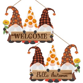 Hello Autumn Decorations, 2 PCS Double Sided Gnomes Wooden Hanging Plaque, Welcome Autumn Pumpkins Maple Sunflower Autumn Sign Gifts for Thanksgiving Autumn Home Decorations Accessories