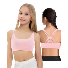iMuchic Girl Sports Bra Sleeveless Tank Top - Seamless Stretchy Back Crisscross Crop Undershirt Fitness Yoga Bras (US, Alpha, Medium, Regular, Pink)