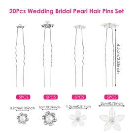 Pack of 20 Bridal Pearl Hair Pins Wedding Flowers Crystal Hair Accessories Set, Crystal Pearl Bridal Hair Pins Silver Hair Accessories U-Shaped Hair Clips Rhinestone Wedding for Women Girls