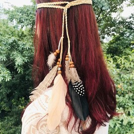 Campsis Indian Feather Headbands Boho Princess Head Chain Adjust Headdress Handmade Rope Hair Accessories for Women and Girls (H)