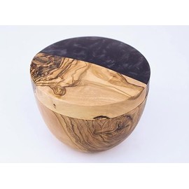 European Natural Olive Wood, Professional Round Covered Salt Cellar with Magnetic Swivel Lid with Black Resin