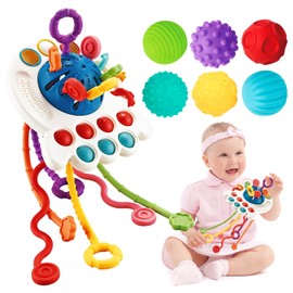 Qizebaby Montessori Toys for Babies,UFO Shape Colorful Pull String Teether Toy，Soft Teething Sensor Balls Sets，2 in 1 Baby Sensory Toys for 6-12 Months，Fine Motor Skills Toys for Toddlers Boy Girl 1-3