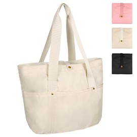 Women Tote Bag Foldable Ladies Shoulder Bag,Large Capacity Tote Handbag for Women,Stylish Ladies Tote Shopping Bag with Zipper,Folding Beach Travel Bag for Women Shopping School Travel Work Gym,Beige