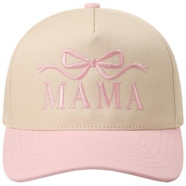 MIRMARU Two-Tone Vintage Canvas Trucker Hats for Men & Women, Adjustable Size Baseball Caps with Trendy Embroidered Design (US, Alpha, One Size, Mama with Ribbon,Light Pink)