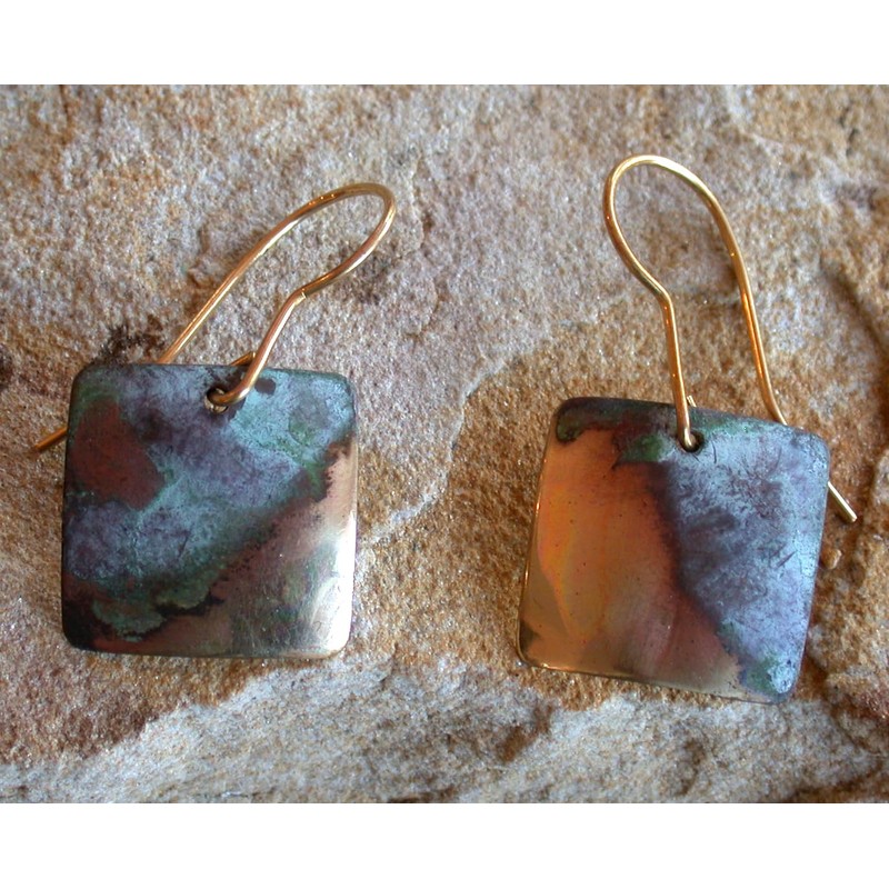 Verdigris Patina Solid Brass Domed Square Young Collectors Dangle Earrings