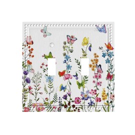 Colorful Wildflower Butterfly 2 Gang Double Toggle Light Switch Cover Decorative Wall Plate Electrical Faceplate Watercolor Bright Floral Spring Fairy Botanical Plant Leaves Bathroom Living Room Decor