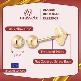 10k Yellow Gold 3mm Ball Stud Earrings for Women Girls and babies Screwback | Nickel Free