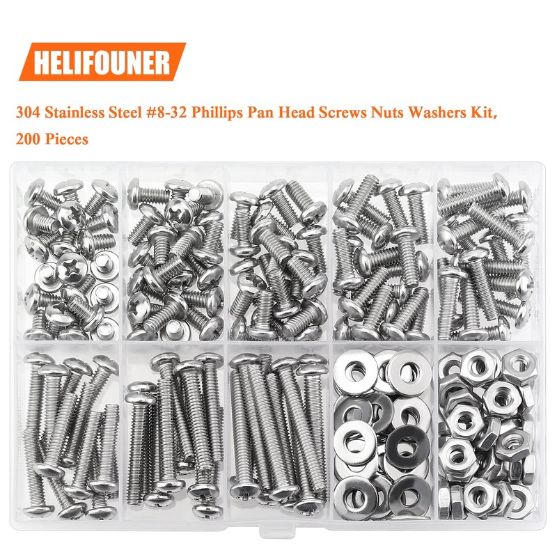 HELIFOUNER 200 Pieces #8-32 Phillips Pan Head Machine Screws Nuts
