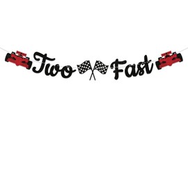 Two Fast Banner, Black Glitter Boy's 2nd Birthday Decorations, Race Car Themed 2nd Birthday Supplies, Two Fast Two Curious Party Decorations
