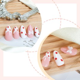 French Tip Press on Nails Almond Medium Full Cover White Fake Nails with Strawberry Designs Reusable Bow Acrylic Nails Stick on Nails Pearl Shiny False Nails for Women Girls Manicure Art 24 Pcs