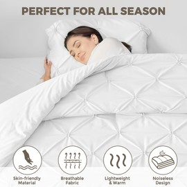 Queen Size Comforter Set White, 3 Pieces Bed Lightweight Solid Bedding Comforters Sets, All Season Fluffy Down Alternative Comforter Bed Set Quilt Blanket (White, Queen)