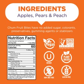 Chum Fruit Bites 100% Real Fruit Snacks | Peach, 40 Pack | Non-GMO, No Added Sugar or Preservatives | Top 12 Allergen and School Friendly, Nut-Free, Gluten-Free, Vegan, Kosher, Paleo