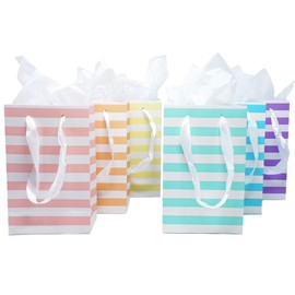 Chloe Elizabeth Paper Favor Gift Bags for All Events & Parties w/Satin Ribbon Handles + Decorative Tissue Paper, 12 Count (Rainbow Pastel Mix)