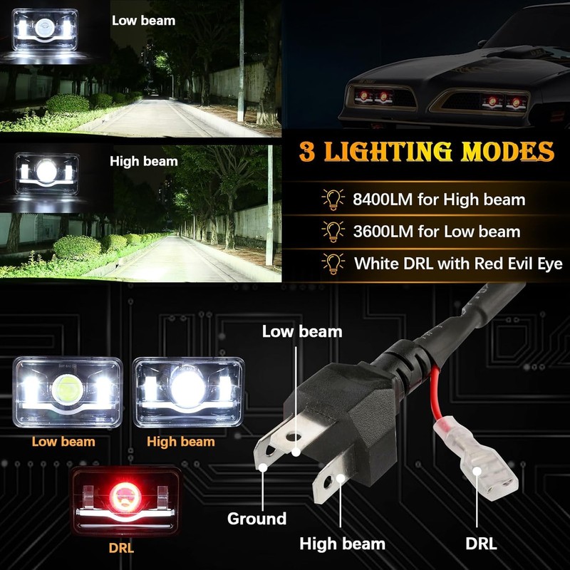 zoomto 2PCS 4x6 LED Headlights with Red Evil Eye Rectangular