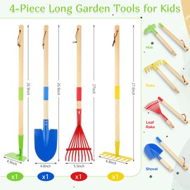 Motionchic 8 Pcs Beach Toys for Kids Gardening Tools, Long Shovel, Rake for Leaves, Spade, Hoe, Steel Heads and Real Wood Handle, Sand Toys Set for Children Toddlers Gifts