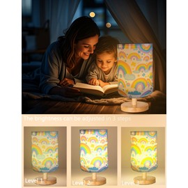 Rainbow Lamp, Girls Lamps for Bedroom, 3 Level Dimmable Wood Nightstand Desk Base Flaxen Fabric Shade for Bedroom Living Room, Rainbow Night Light Gifts for Girls